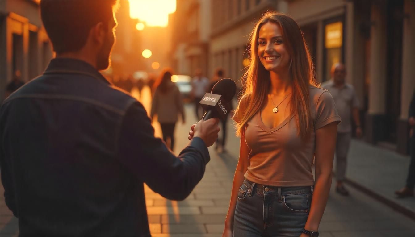 Reporter standing next to a woman holding up a microphone for her to give her feedback.