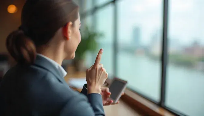 smiling client using finger as an anchor with Norman skyline behind her visible through the windo
