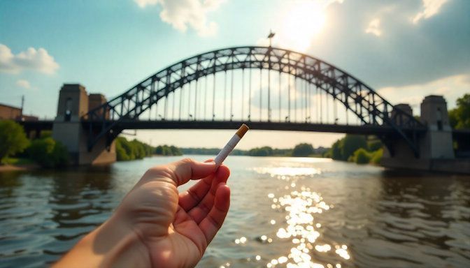 Stone Arch Bridge with a hand tossing away a cigarette into the Mississippi River