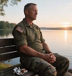 U.S. military veteran sitting on a lakeside bench in Minnesota at sunrise, hands resting peacefully in his lap, a crumpled cigarette pack beside him. Soft morning light reflects on calm water, symbolizing emotional peace and recovery from PTSD.