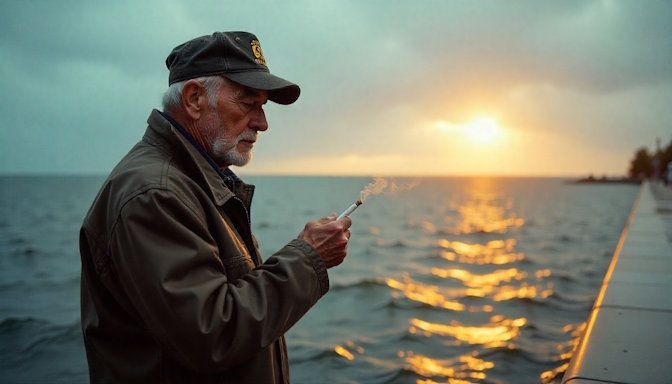 veteran in a faded Air Force cap, standing on the concrete pier of Lake Superior in Duluth regretful