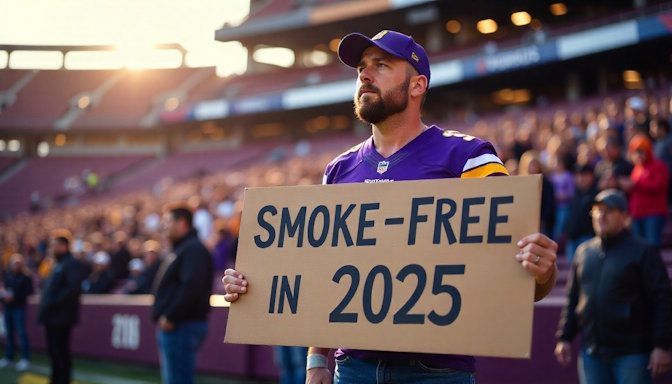 Vikings fan at US Bank Stadium holding a Smoke-Free in 2025 sign praising quitting smoking