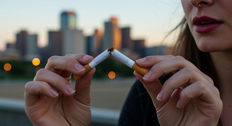 Woman breaking a cigarette in half with Saint Paul skyline in the background