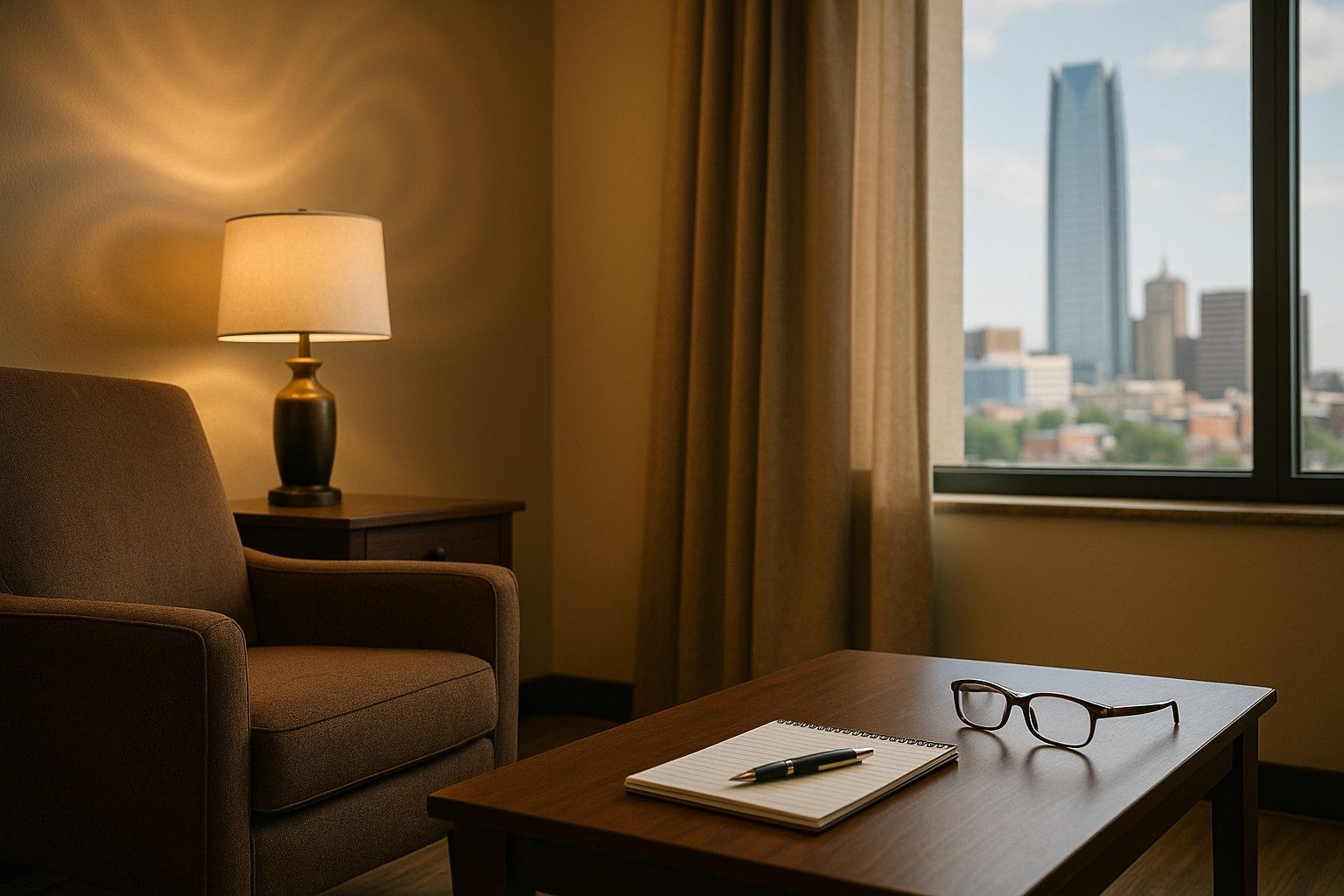 nice office in OKC with a table, pad and pen for taking notes and to learn how to quit nicotine