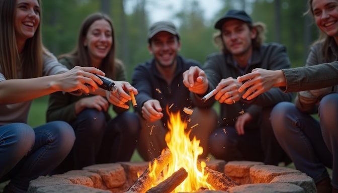 MN friends sitting around a firepit tossing their cigarettes and tobacco into the fire