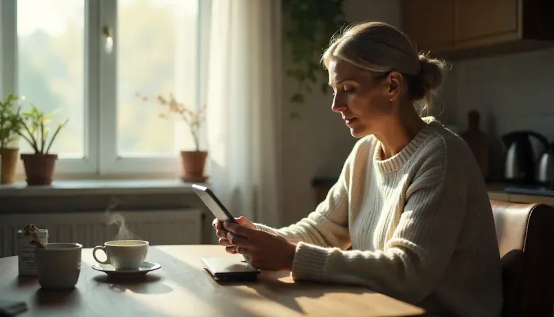 MN woman doing remote hypnosis with therapist over her tablet