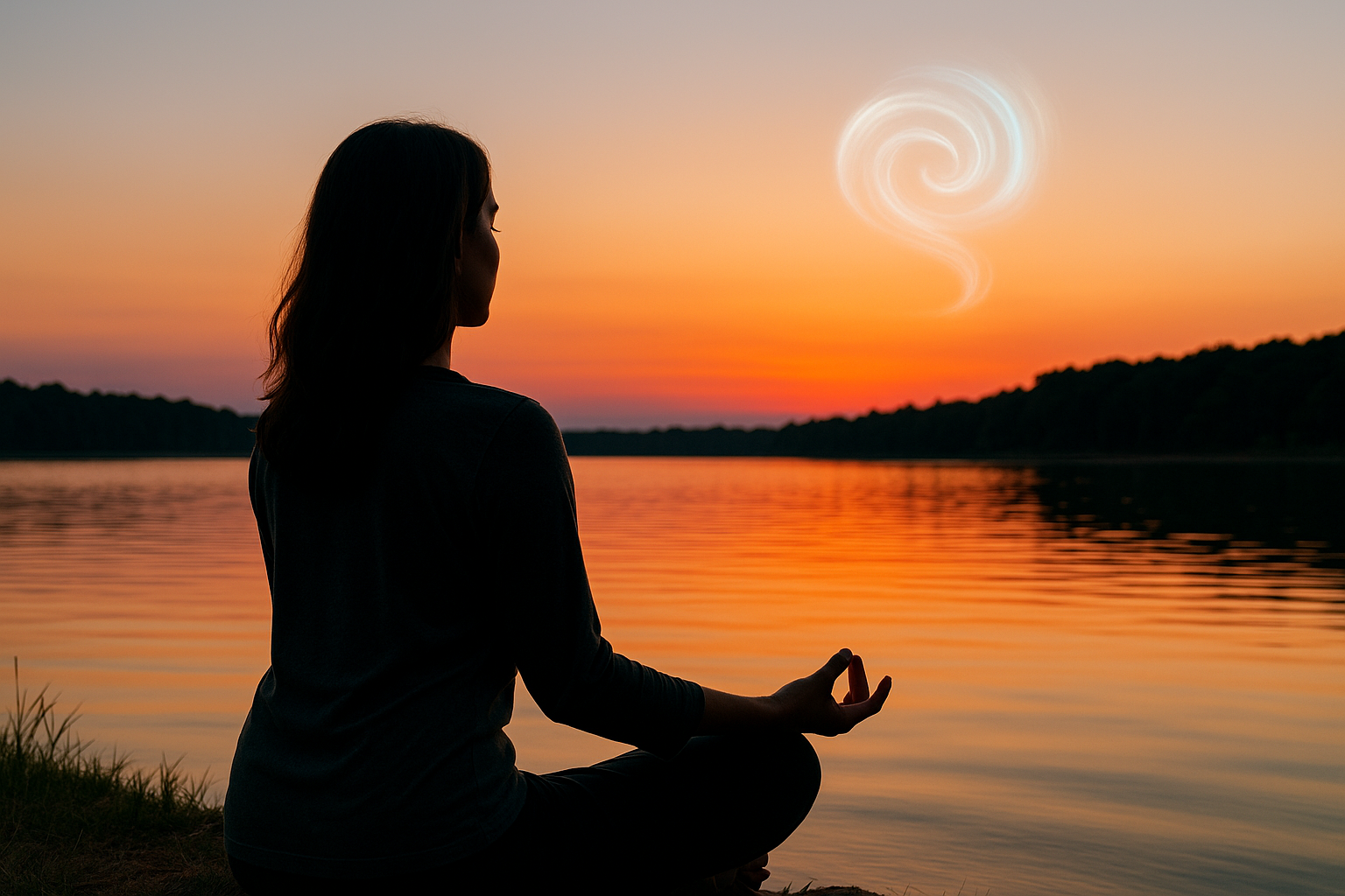 OKC woman sitting on edge of the lake in local park in a legs crossed pose using meditation to help quit smoking along with hypnosis.