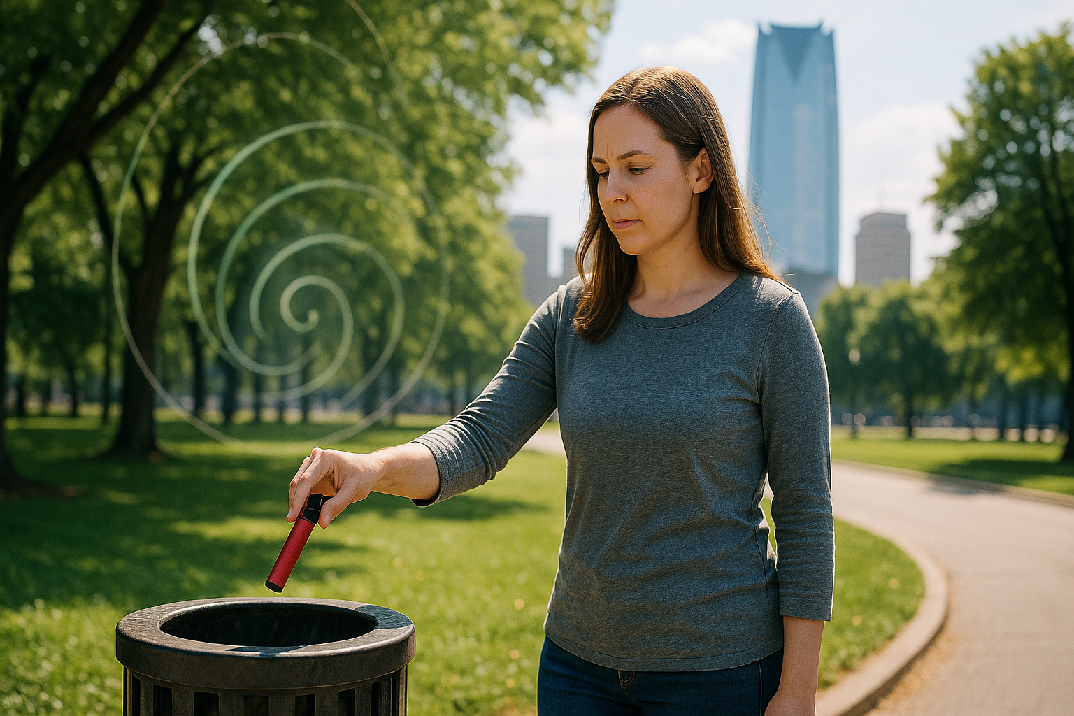 woman in OKC throwing away her vape as she tries to quit vaping with her hypnotherapists help