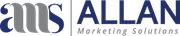 the logo for allan marketing solutions is blue and white .