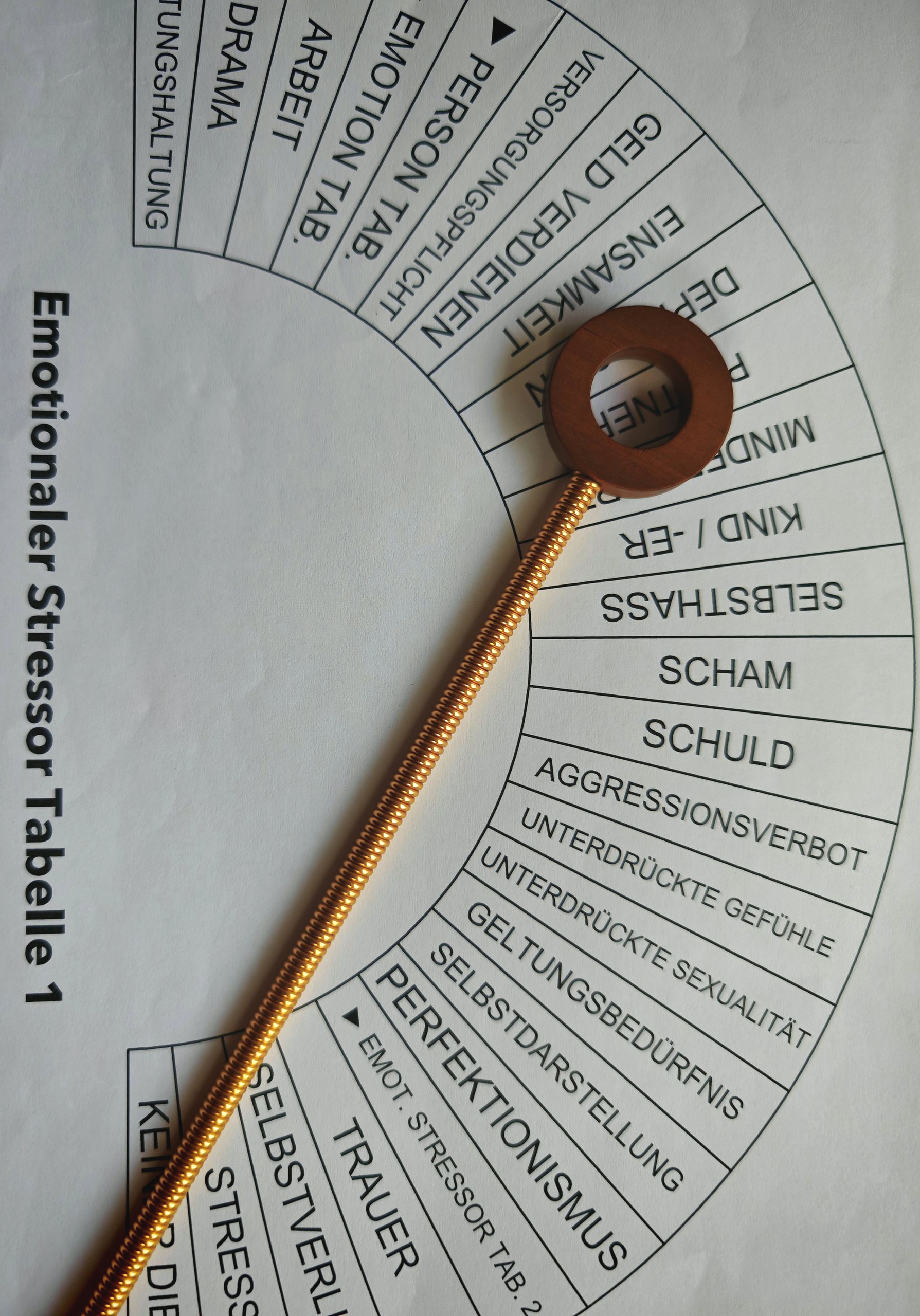 Diagramm mit einem Zeiger; listet emotionale Stressfaktoren auf