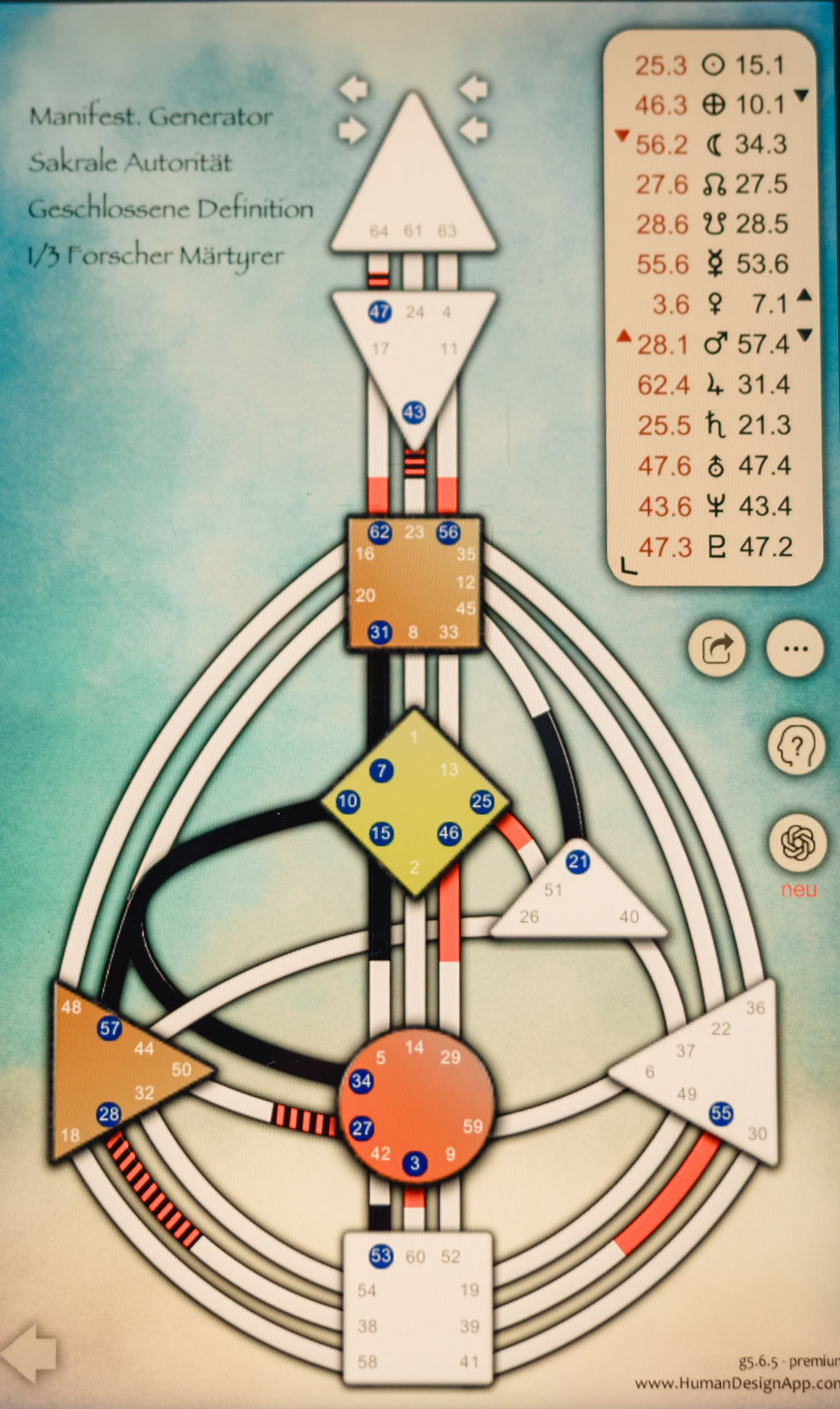 Human Design-Diagramm mit farbigen geometrischen Formen, Linien und Zahlen, die Energiezentren und Verbindungen darstellen.
