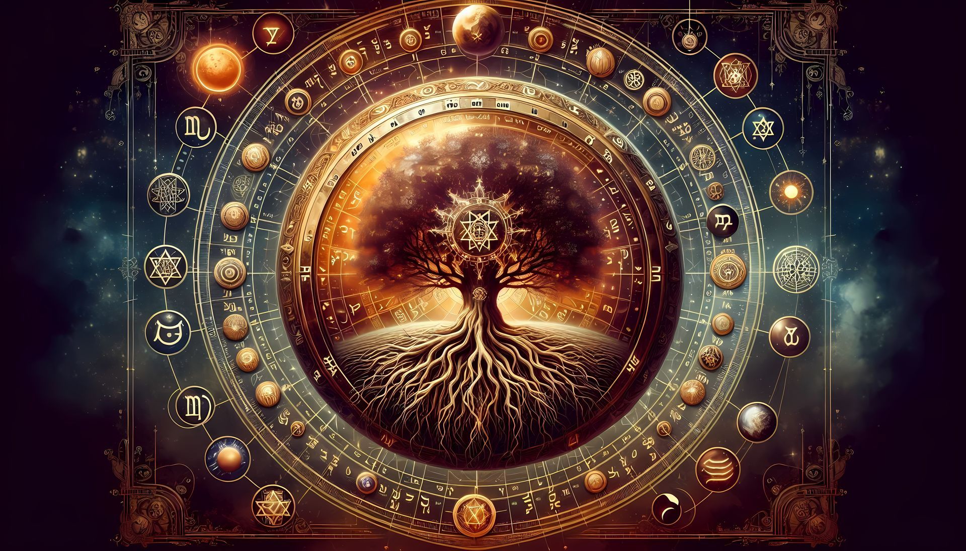 Ein goldener Baum innerhalb eines kreisförmigen Himmelsdiagramms mit Planeten und Symbolen.