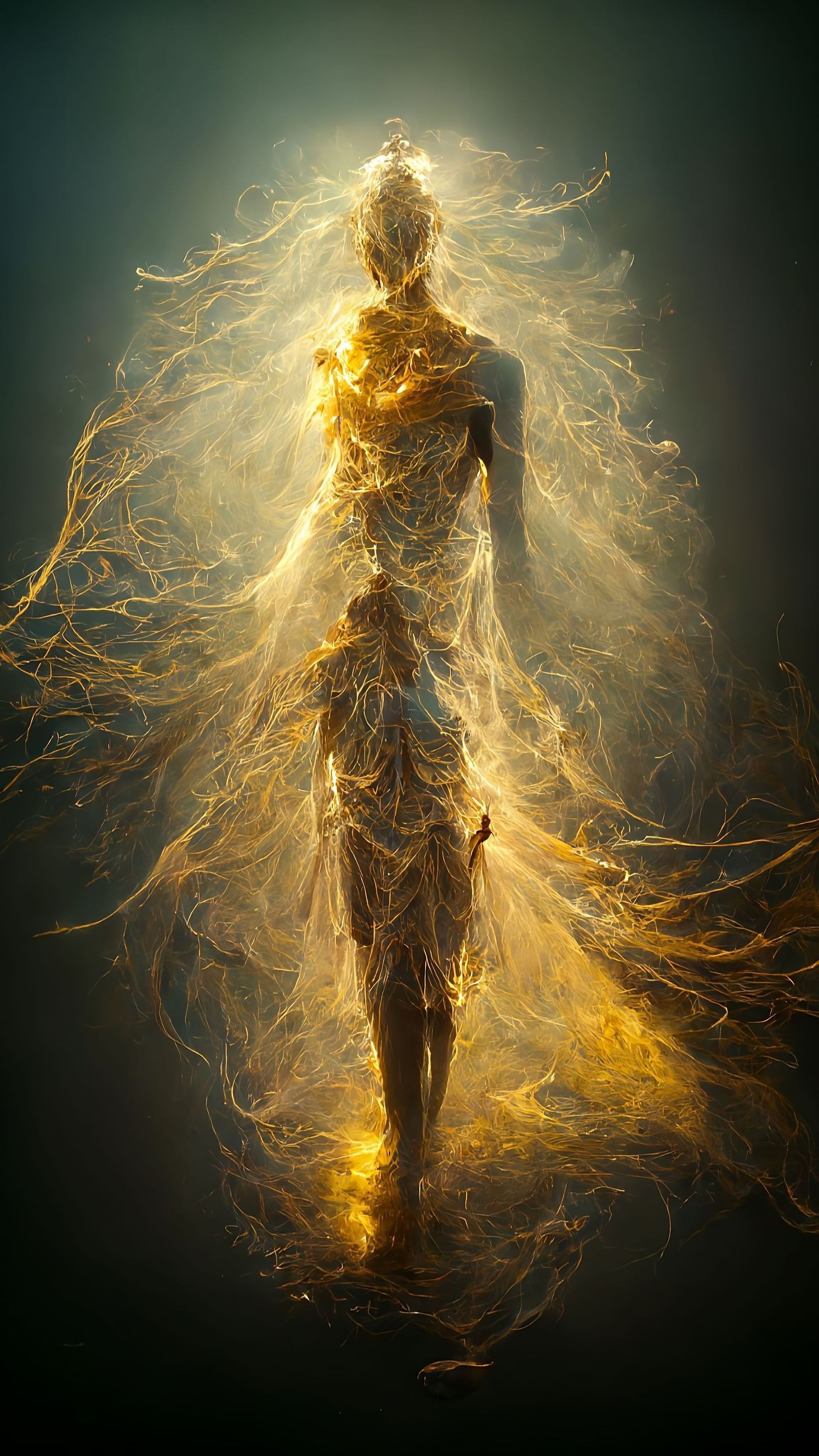 Eine goldene Gestalt aus Lichtpartikeln, die in einem dunklen Raum steht und Licht und Energie ausstrahlt.