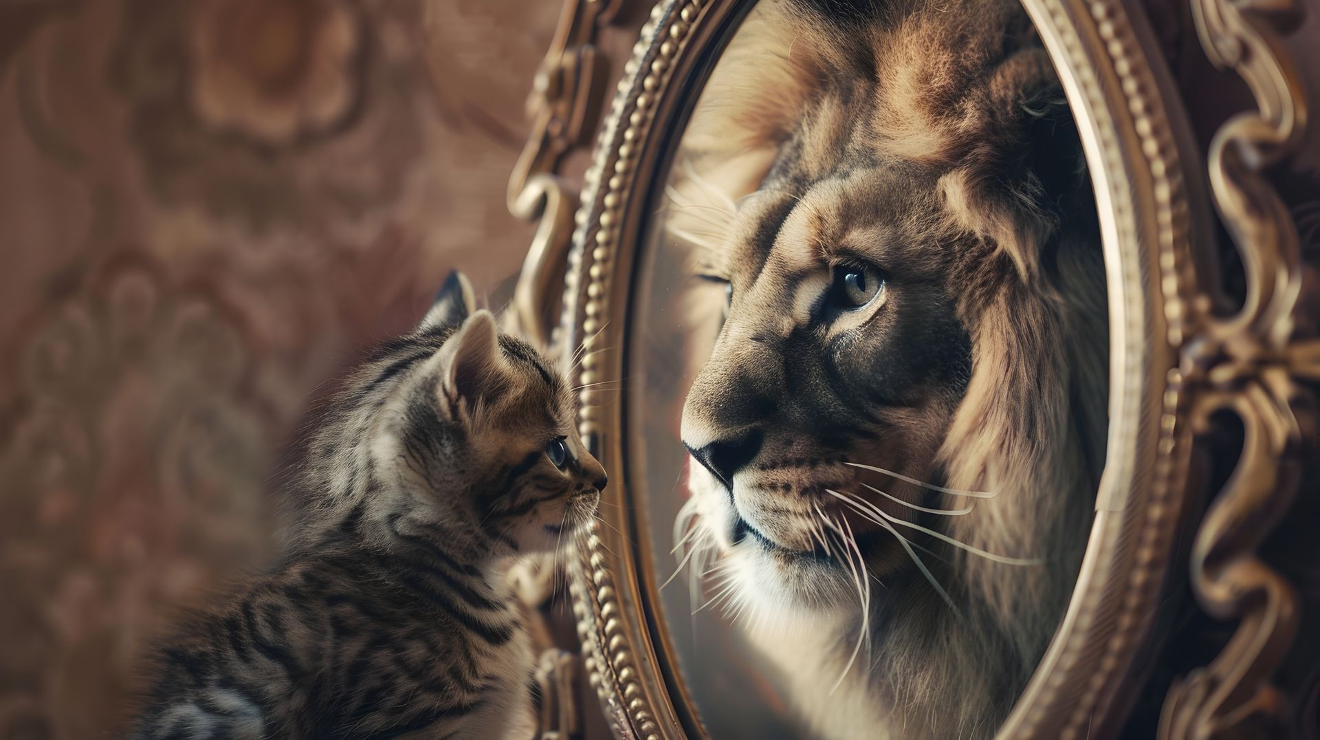 Ein Kätzchen betrachtet das Spiegelbild eines Löwen in einem reich verzierten Spiegel.