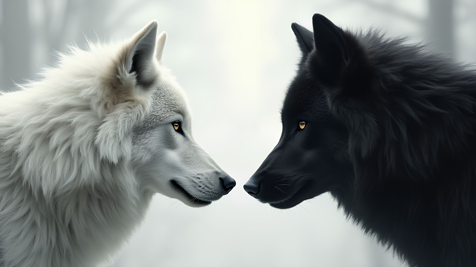 Ein weißer Wolf und ein schwarzer Wolf stehen sich in einem nebligen Wald gegenüber.