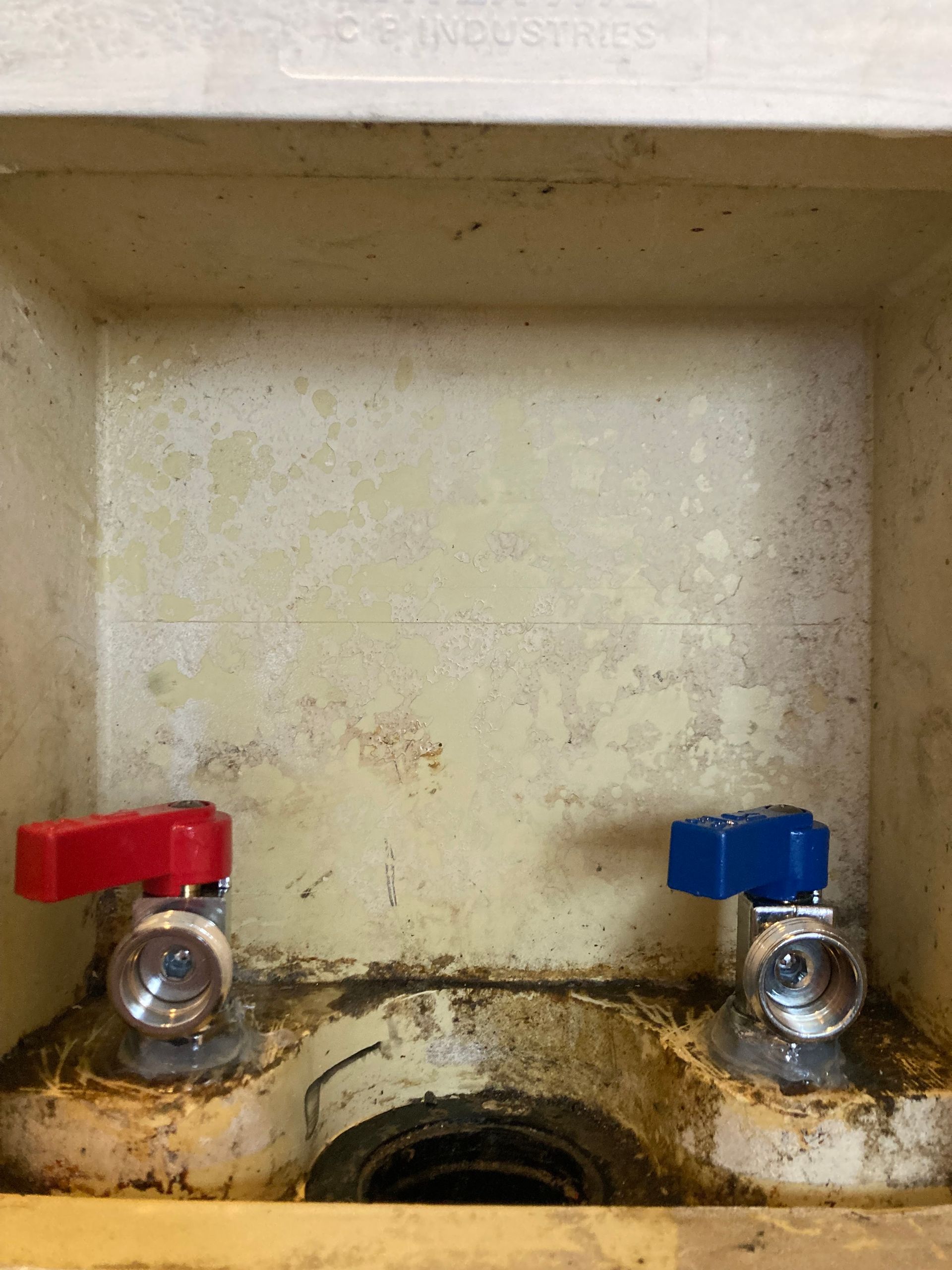 A close up of two red and blue valves on a dirty wall.