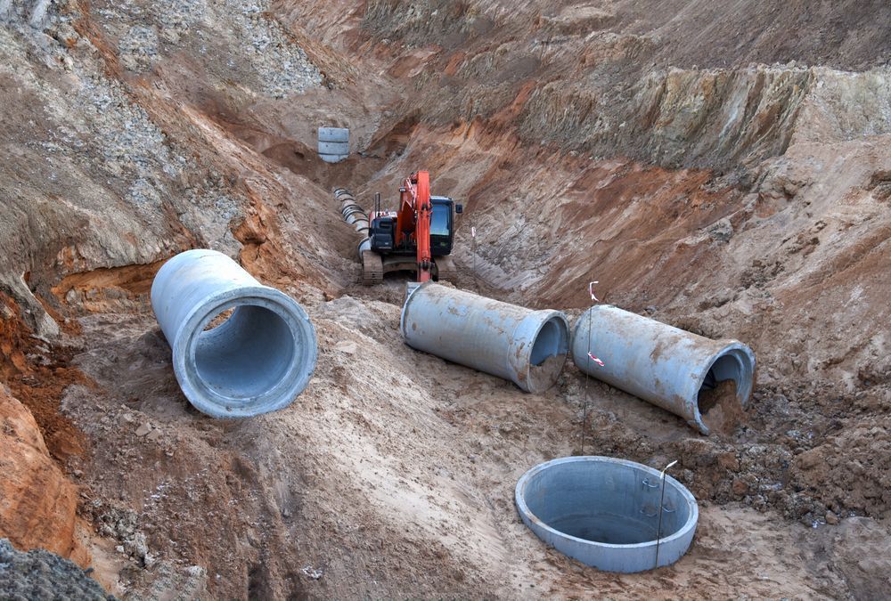 A Construction Site With Concrete Pipes and an Excavator in the Background — Copp & Co Civil & Plant Hire in Bowen, QLD