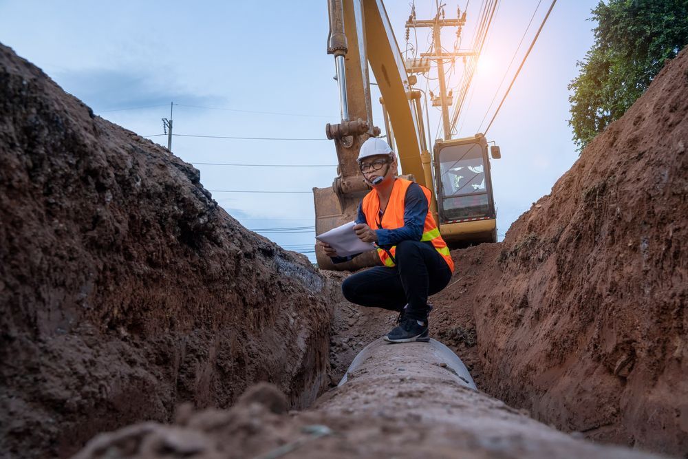 A Construction Worker is Kneeling Down in a Trench Next to a Pipe — Copp & Co Civil & Plant Hire in Airlie Beach, QLD