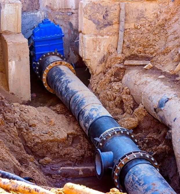 A Blue Pipe is Connected to a Black Pipe in the Dirt — Copp & Co Civil & Plant Hire in Proserpine, QLD