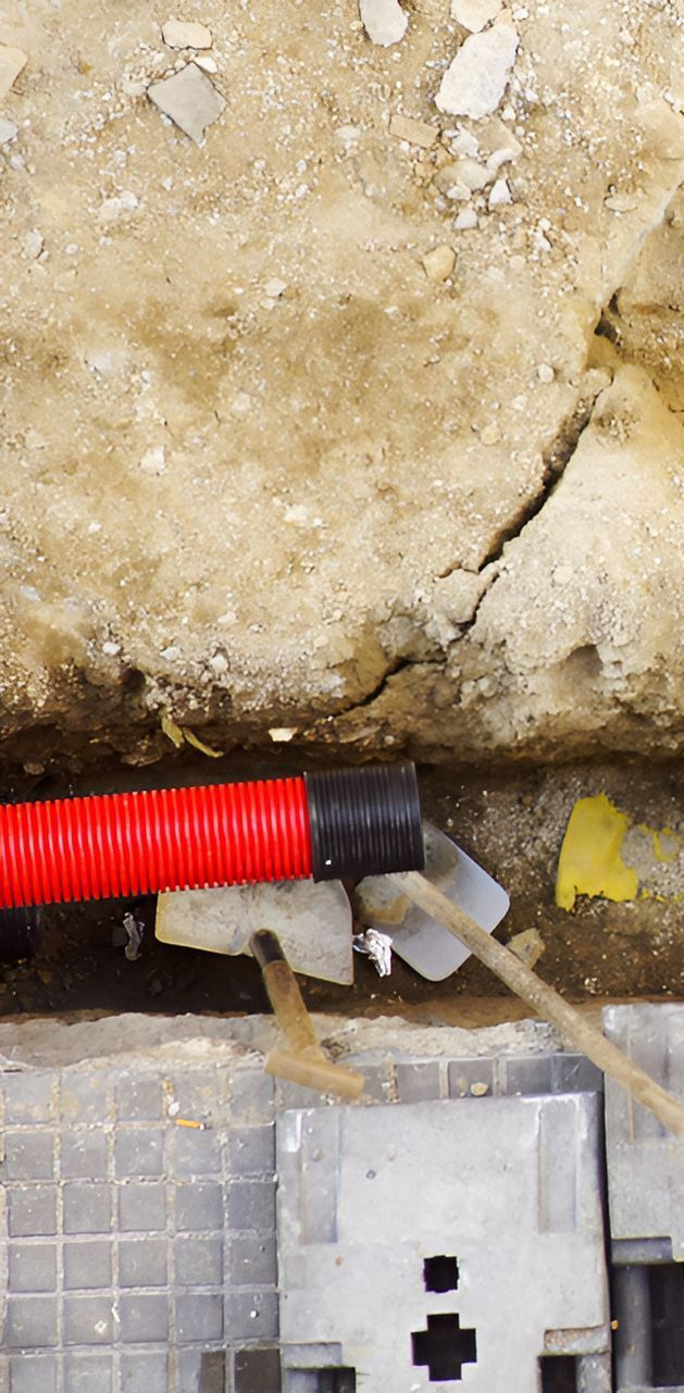 A Red Pipe is Laying in the Dirt Next to a Concrete Wall — Copp & Co Civil & Plant Hire in Cannonvale, QLD