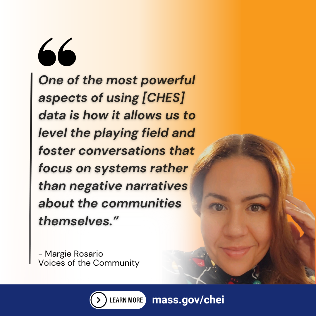 Headshot of Margie Rosario from Voices of the Community next to quote, 