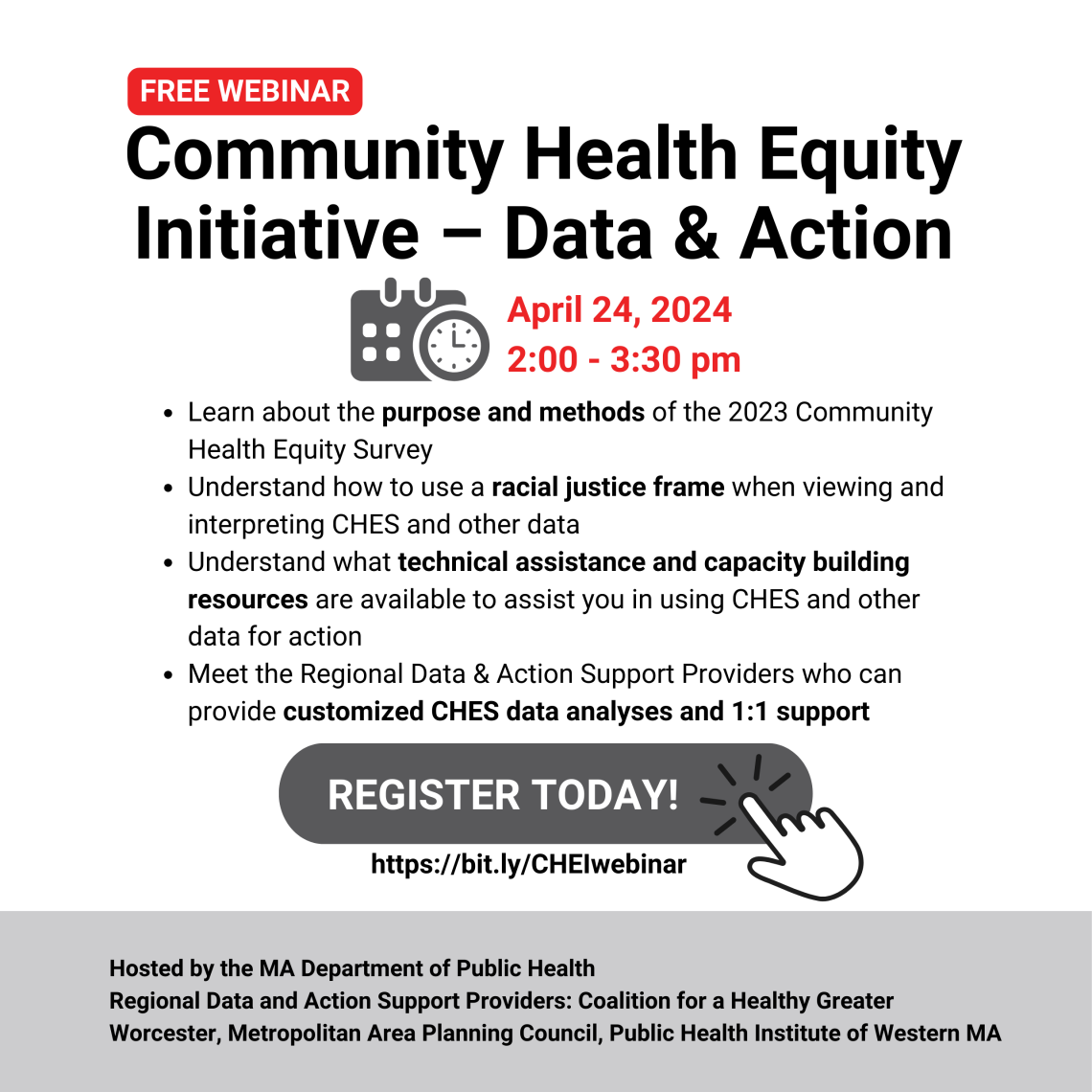 Join the MA Department of Public Health on April 24, 2024 for a webinar to learn more about the Community Health Equity Initiative data and what TA is available.