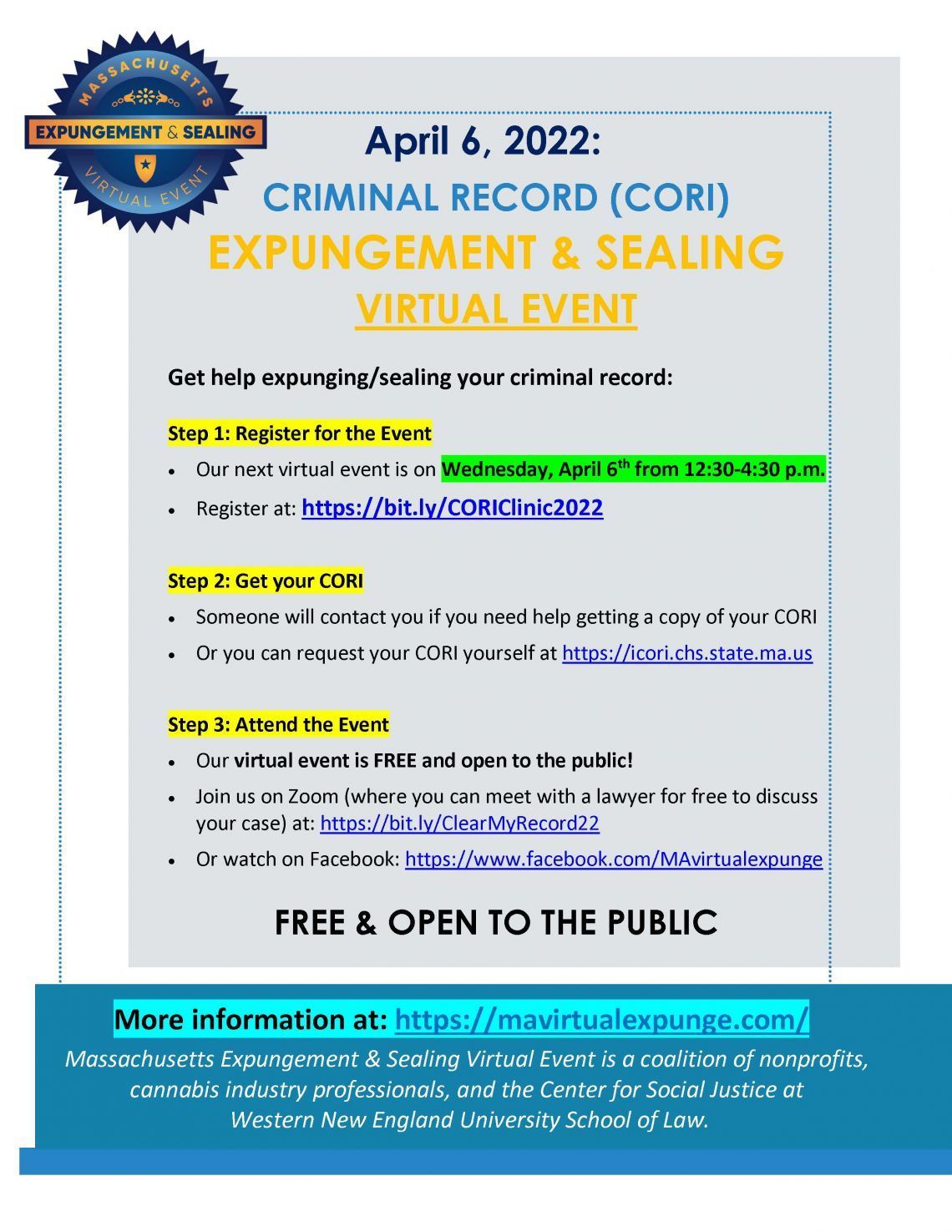 A poster for a criminal record expungement and sealing virtual event.