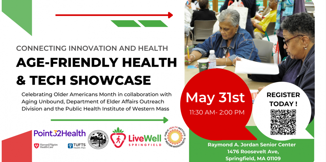 A poster for an age-friendly health and tech showcase on may 31st.