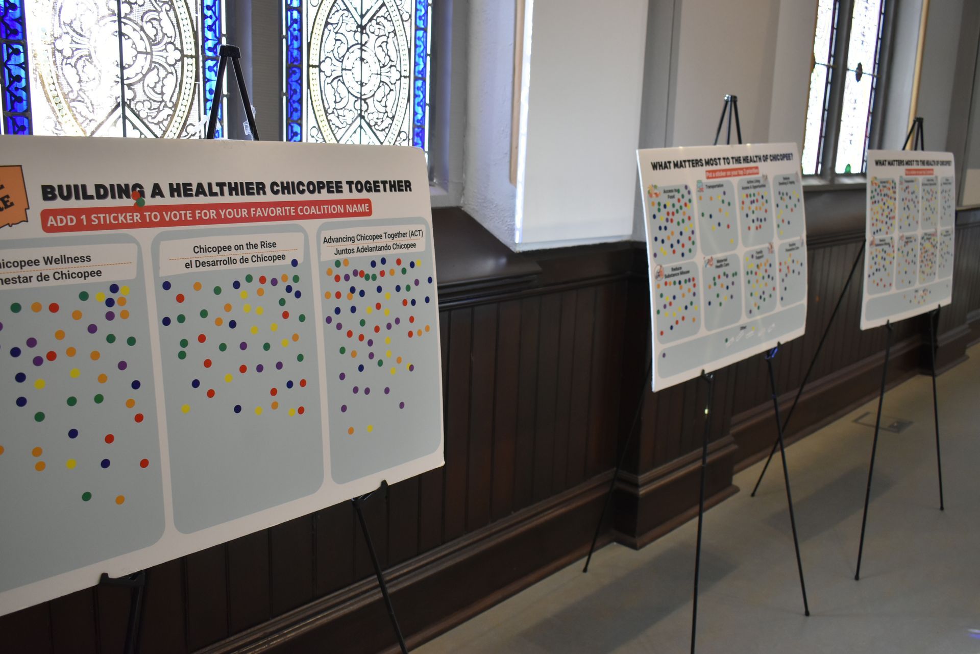 Posters with colored stickers for voting on the coalition name and other things