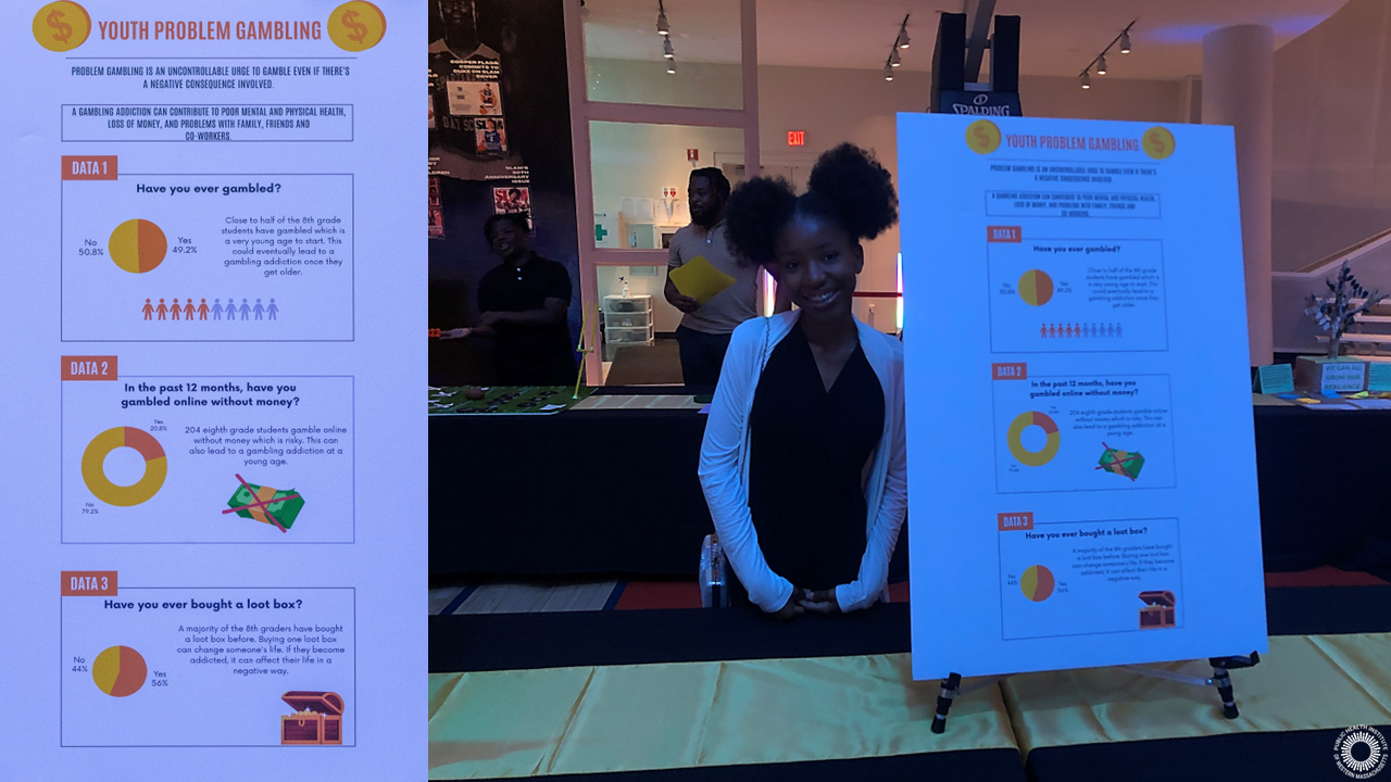 Young woman stands next to poster about youth problem gambling