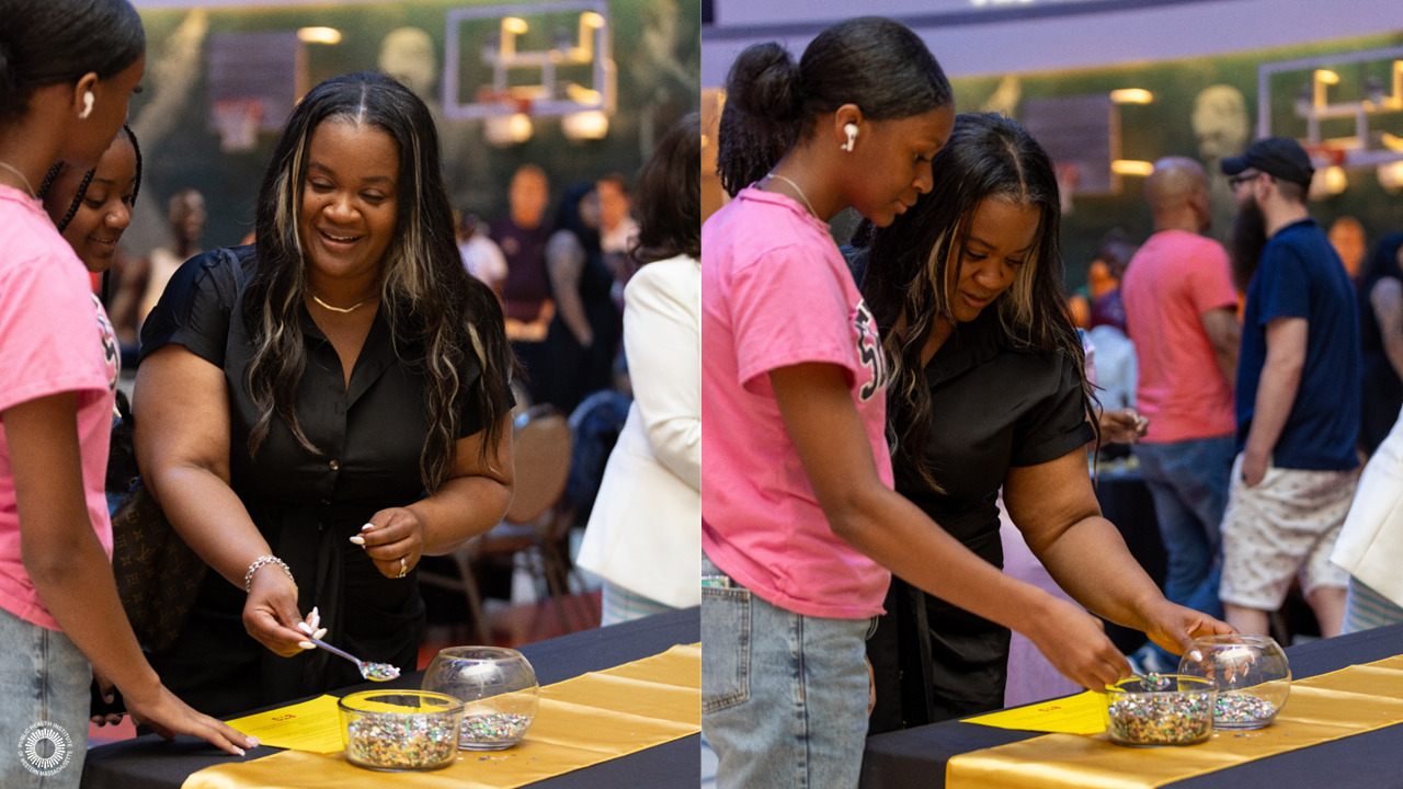 People try interactive data visualization, taking spoon full of glitter and transferring it to another bowl