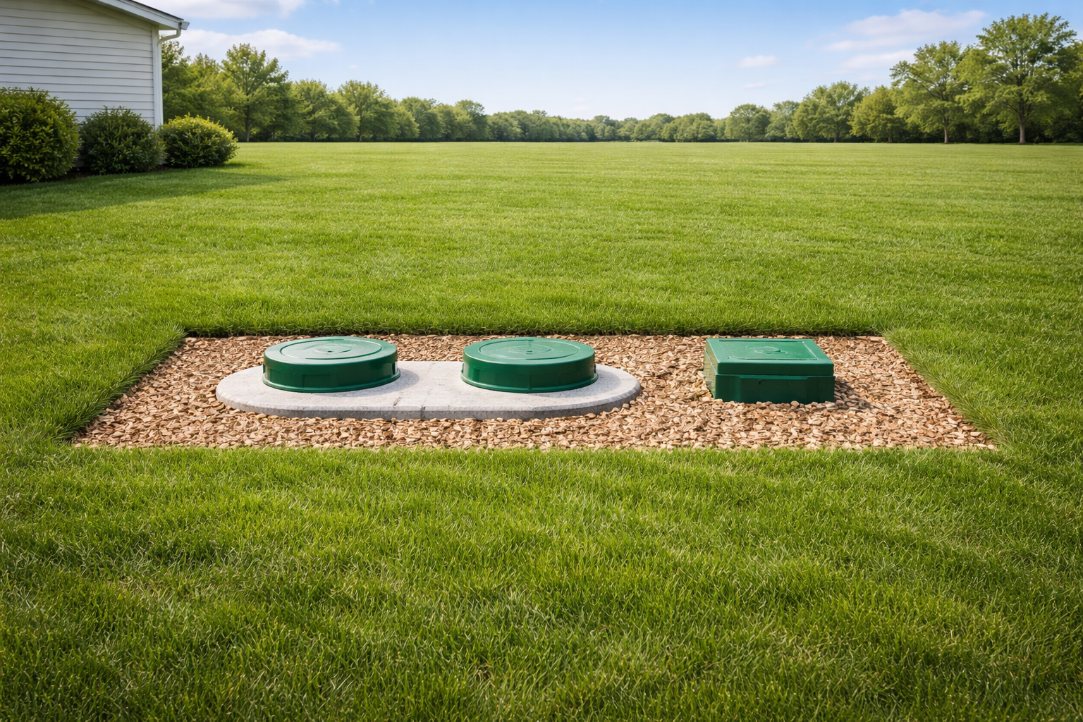 Two green circular septic tank lids and a green rectangular access box set in a gravel patch in a grassy lawn.