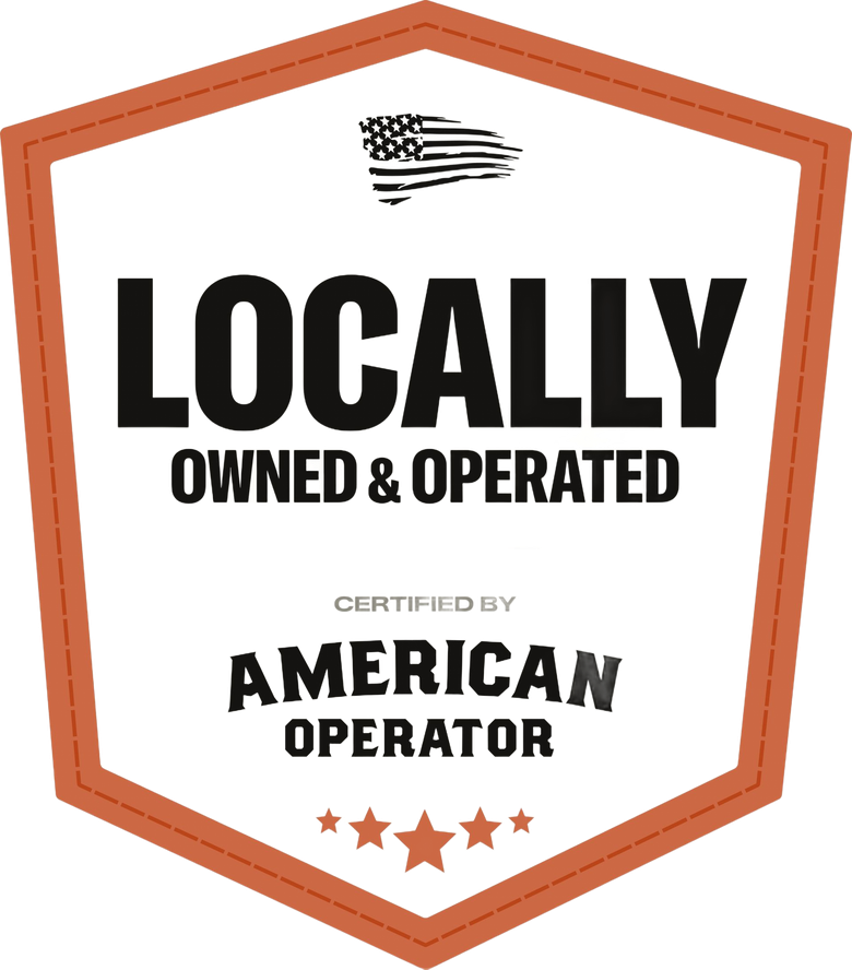 Orange shield badge reading “Locally Owned & Operated” and “Proudly American Operator” with stars and flag icon