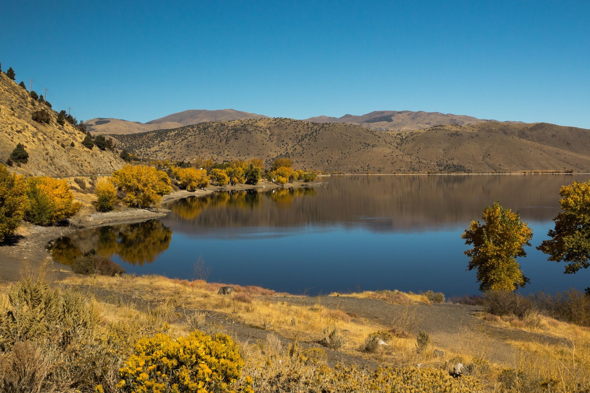 A lake with mountains in the background and trees on the shore.