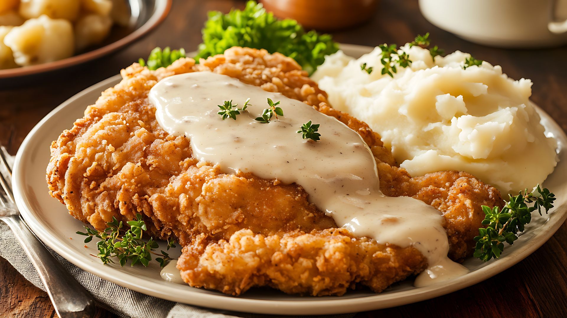 A plate of fried chicken and mashed potatoes with gravy on a wooden table.