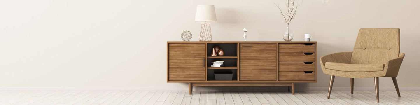 Modern interior of living room with brown wooden cabinet and armchair panorama 3d rendering