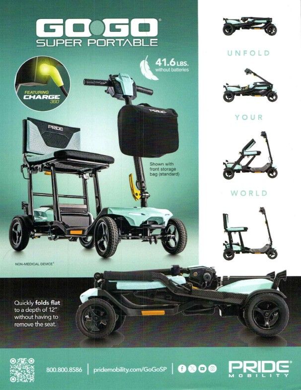 An electric wheelchair is parked in a hallway next to an orange door.