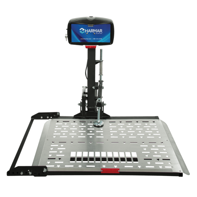 Silver Harmar wheelchair platform lift with control panel, designed for vehicle access.