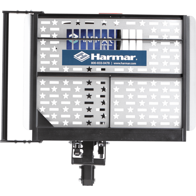 A black Harmar hitch-mounted wheelchair lift with white stars and a white panel.