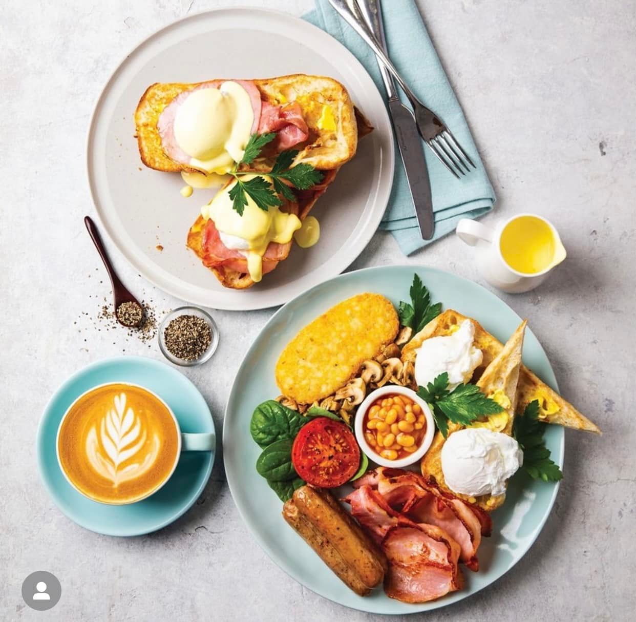 Breakfast Plates With Eggs Benedict, Full English Breakfast, and Coffee — Chefs2Go in Cairns, QLD