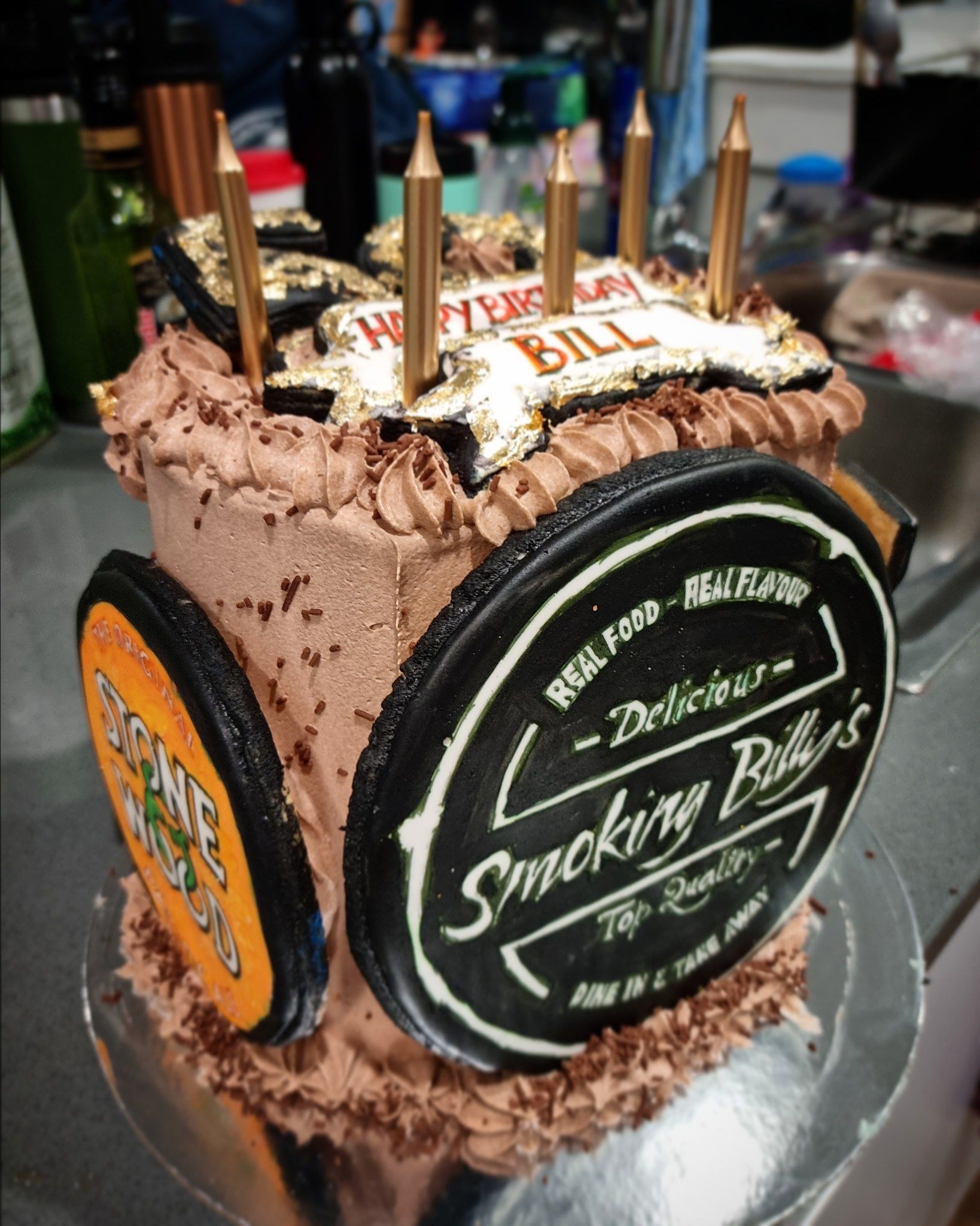Chocolate Frosted Cake With Birthday Message and Smoking Billy's Logo — Chefs2Go in Alice Springs, NT