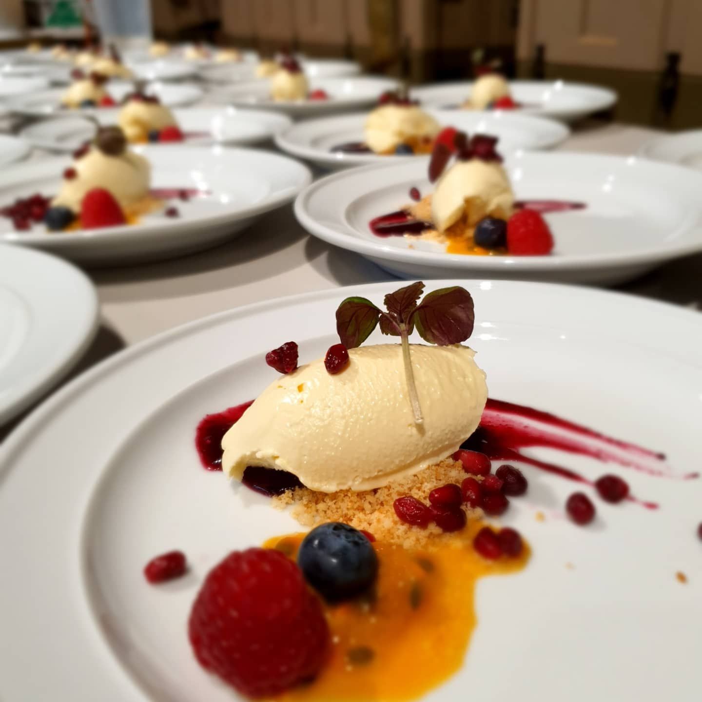 Plated Dessert: Vanilla Ice Cream With Berries, Sauce, and Microgreens — Chefs2Go in Gladstone, QLD