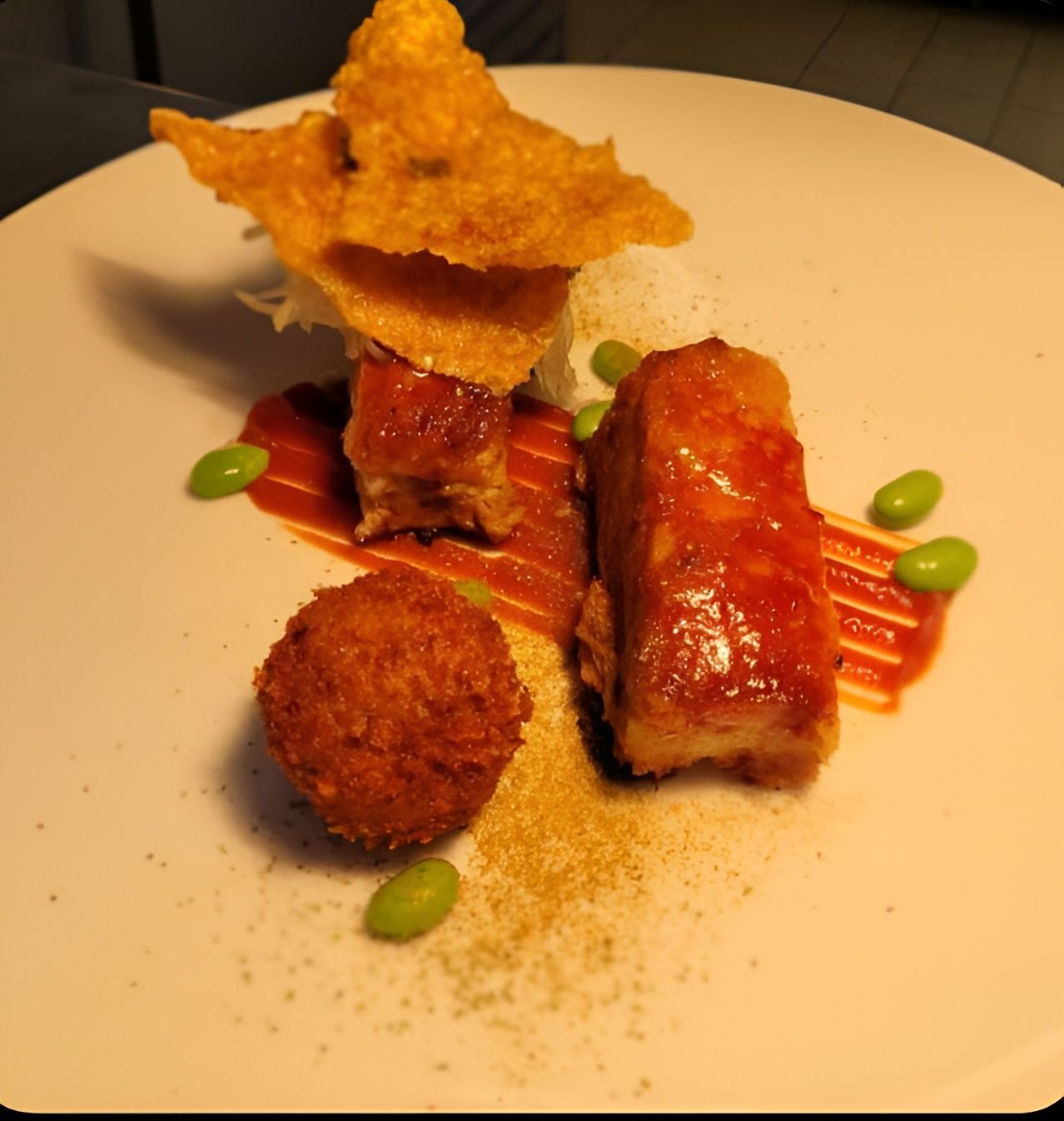 Plate of Food Featuring Glazed Pork Belly, a Fried Ball, Fried Garnish, Edamame — Chefs2Go in Bundaberg, QLD