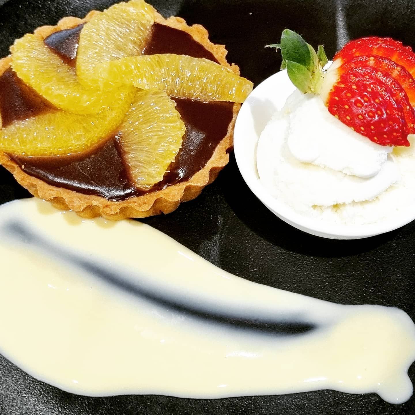 Chocolate Tart With Orange Slices, a Scoop of Ice Cream With Strawberries, — Chefs2Go in Rockhampton, QLD