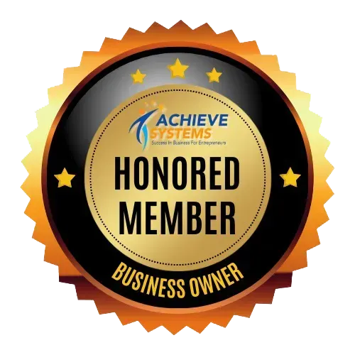 A badge that says achieve systems honored member business owner