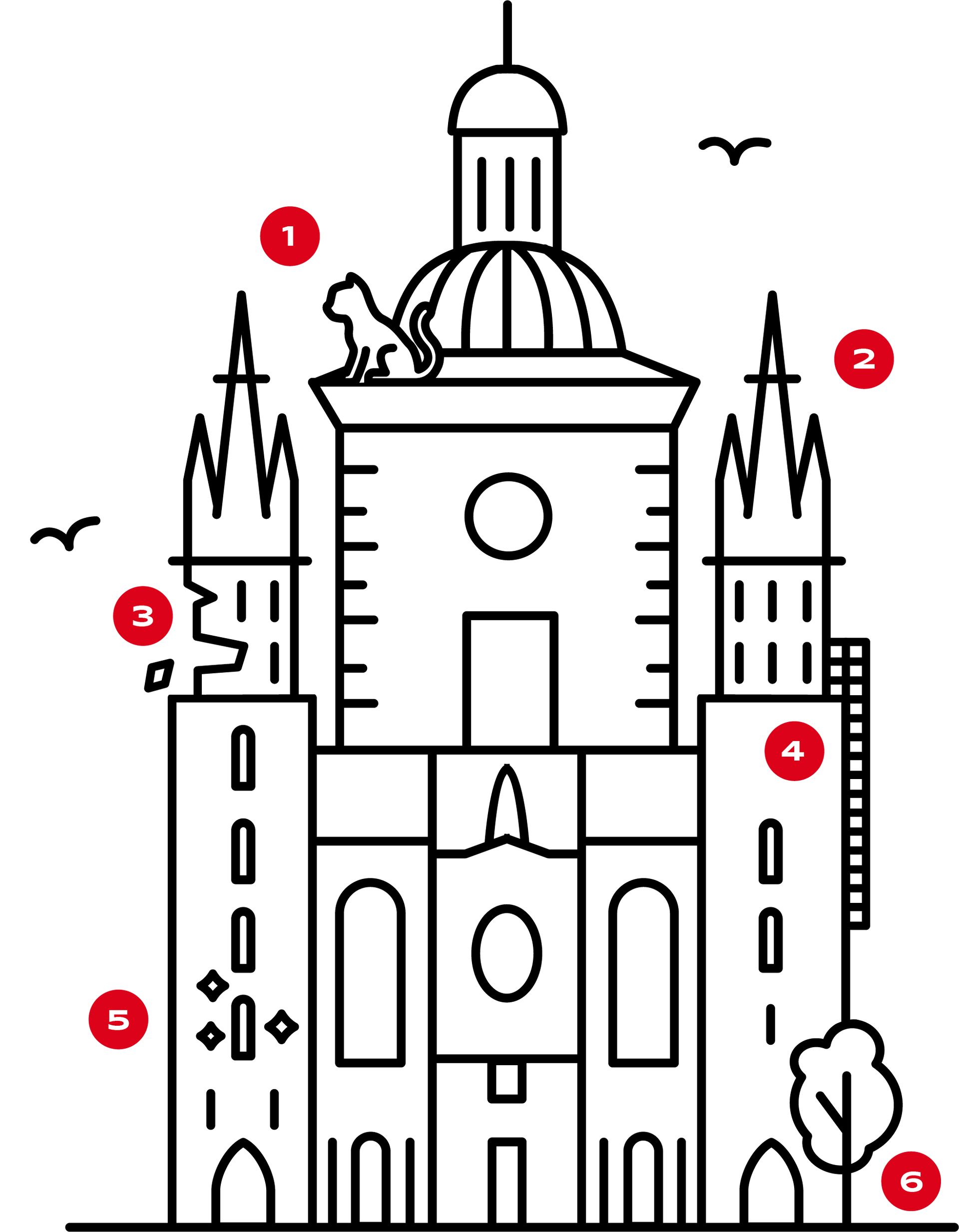 Un dessin en noir et blanc d'un château avec un lion au sommet.