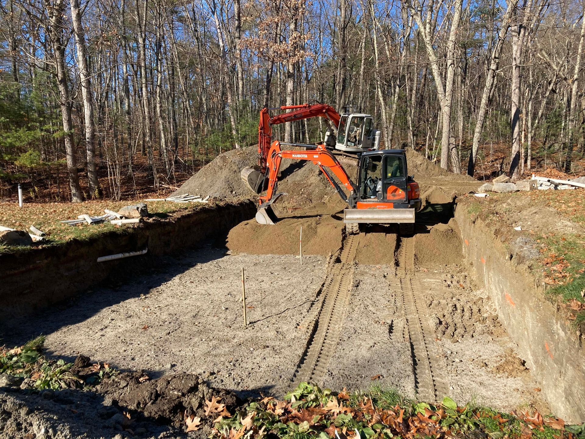 An excavator is digging a hole in the ground in the woods.
