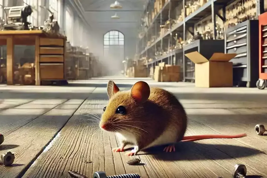mouse on the floor of a workshop