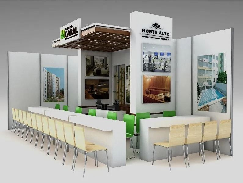 Stand de exposición moderno con paredes blancas, asientos verdes, paneles de exhibición y marquesina de celosía de madera.