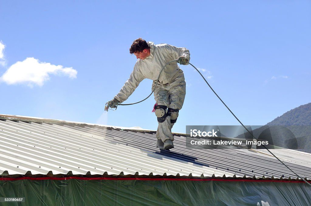 Person in protective suit spraying a metal roof under a blue sky.